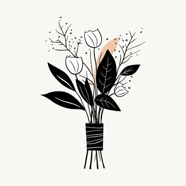 Bouquet Vectoriel Monochrome Fleurs Printanières Dessinées Main Noir Fleurs Contour — Image vectorielle