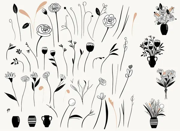 Conjunto Elementos Monocromáticos Para Design Floral Flores Botões Caule Folhas — Vetor de Stock