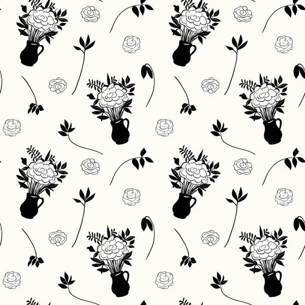 モノクロの花柄 ブーケや枝が付いているシームレスな背景 手描きの植物壁紙 — ストックベクタ