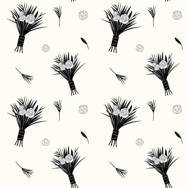 Nahtloser Hintergrund Mit Sträußen Und Blättern Monochromes Blumenmuster Handgezeichnete Botanische — Stockvektor