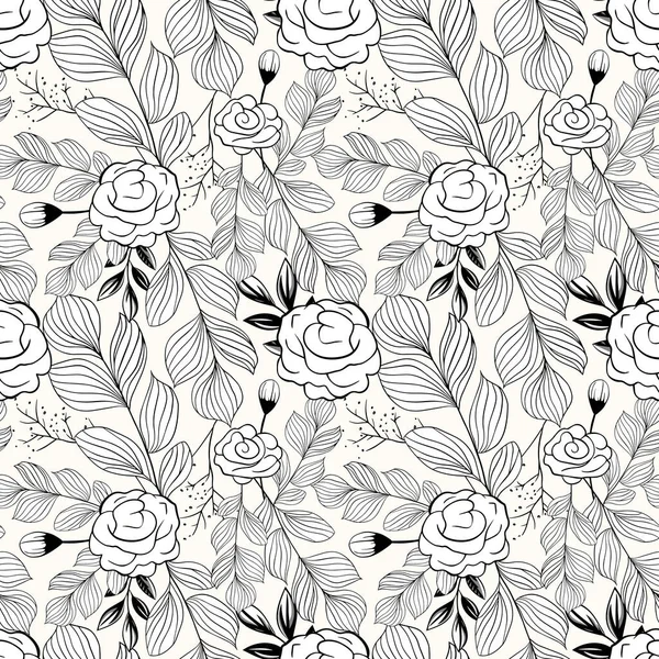 モノクロ植物パターン 葉のあるシームレスな背景 手描きの輪郭の花の壁紙 — ストックベクタ