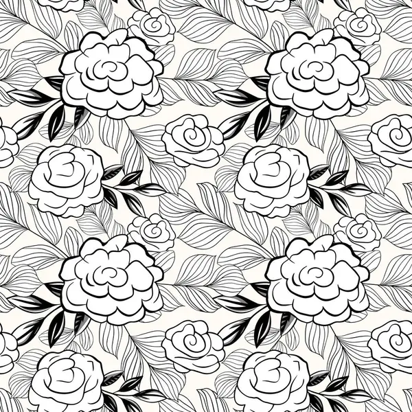 モノクロ植物パターン バラのシームレスな背景 手描きの輪郭の花の壁紙 — ストックベクタ