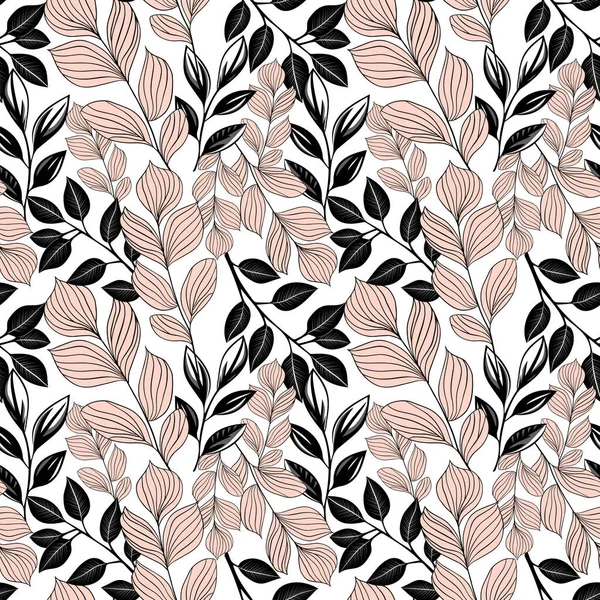 Monochromes Botanisches Muster Nahtloser Hintergrund Mit Blättern Handgezeichnete Umrisse Florale — Stockvektor
