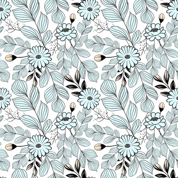 Monochromes Botanisches Muster Nahtloser Hintergrund Mit Gänseblümchen Handgezeichnete Umrisse Florale — Stockvektor