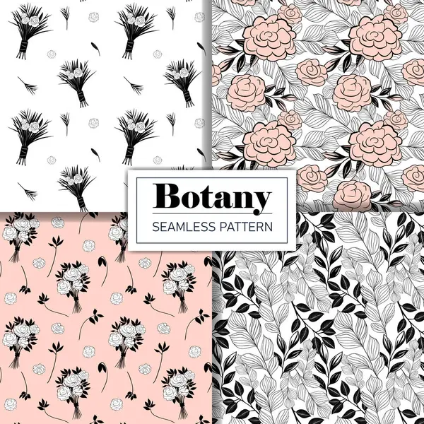 Ensemble Motif Botanique Monochrome Fond Sans Couture Avec Des Roses — Image vectorielle