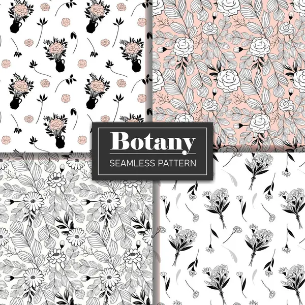 Ensemble Motif Botanique Monochrome Fond Sans Couture Avec Des Roses — Image vectorielle