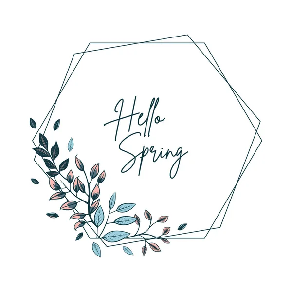 招待状やカード用の葉とベリーを備えた植物フレーム こんにちは春のポスター ベクターフローラルリース — ストックベクタ