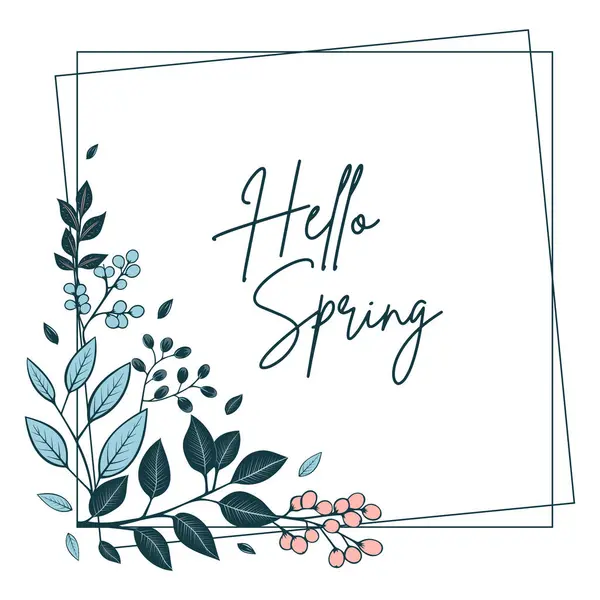 こんにちは春のポスター 招待状やカード用の葉とベリーを備えた植物フレーム ベクターフローラルリース — ストックベクタ