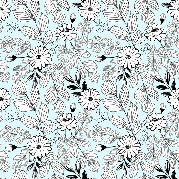 Monochromes Botanisches Muster Nahtloser Hintergrund Mit Gänseblümchen Handgezeichnete Umrisse Florale — Stockvektor