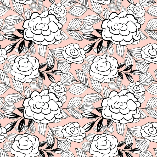 Monochromes Botanisches Muster Nahtloser Hintergrund Mit Rosen Handgezeichnete Umrisse Florale — Stockvektor