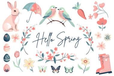 Moda bahar tasarımı. Bahar koleksiyonu. El çizimi bahar elementleri çiçekler, kuş, tavşan. Vektör illüstrasyonu. 