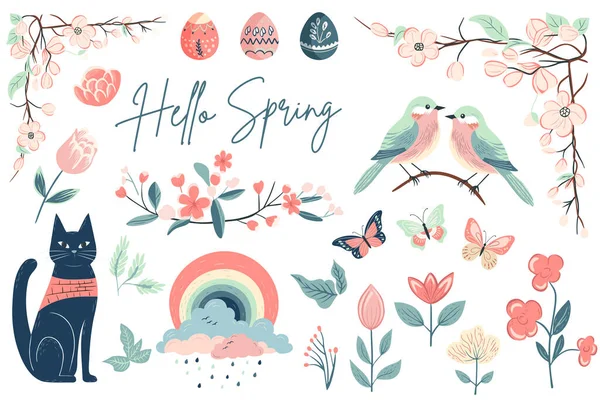 手描きの春の要素の花 春コレクション ベクトルイラスト トレンドスプリングデザイン — ストックベクタ