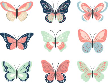 Pastel renkli şirin kelebekler. Bahar ve yaz elementleri. El çizimi illüstrasyon.