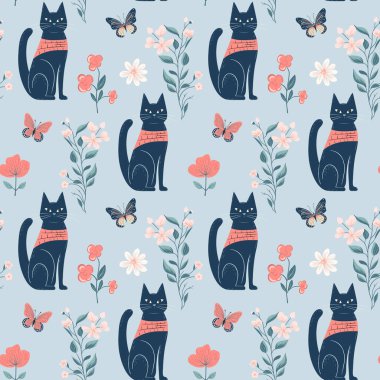 Kediler ve çiçeklerle kusursuz bir desen. Halk tarzında bahar arkaplanı. Çiçek duvar kağıdı