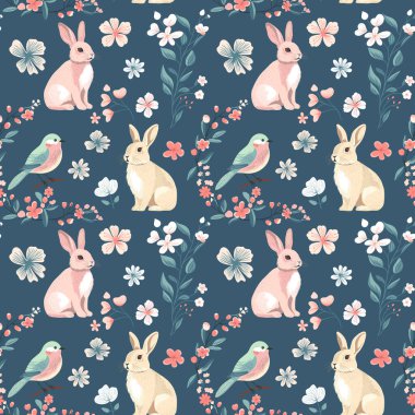 Şirin tavşanlar ve kuşlarla kusursuz bir şablon. Bahar arkaplanı. Klasik tavşanlar el çizimi.. 