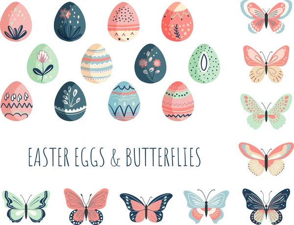 Velikonoční Vajíčka Barevné Motýly Ručně Kreslené Vektorové Pružinové Prvky — Stockový vektor