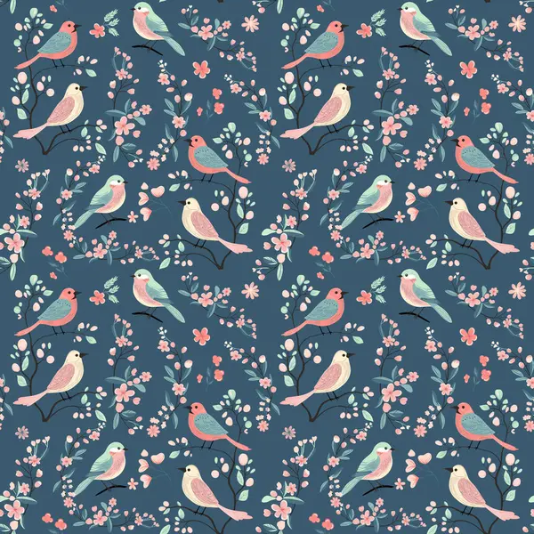 Modèle Sans Couture Vectoriel Avec Des Oiseaux Des Fleurs Mignons — Image vectorielle
