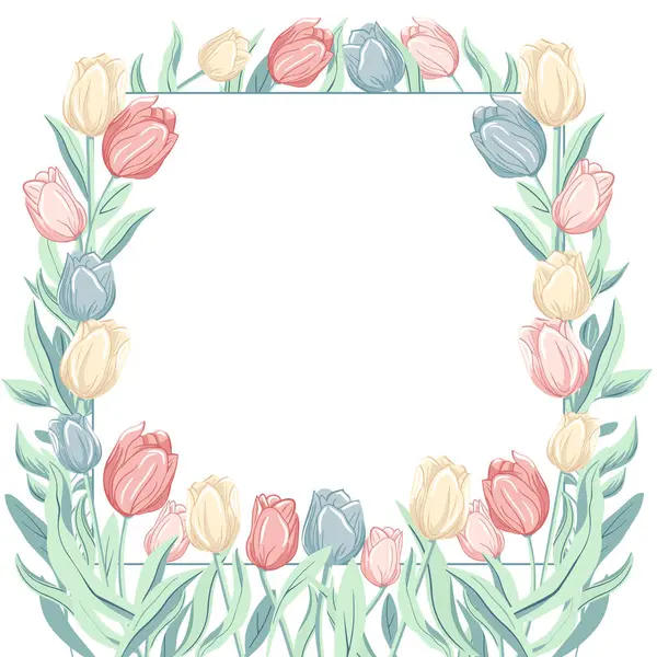 Fjäderram Trendig Blommig Design Med Tulpaner Pastellfärger För Affisch Gratulationskort — Stock vektor