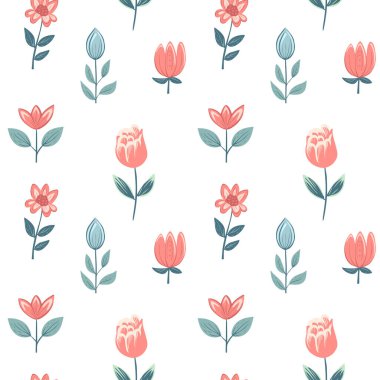 Lalelerle kusursuz bir desen. Bahar arka planı. Halk çiçekleri. Romantik çiçek desenli el çizimi. 