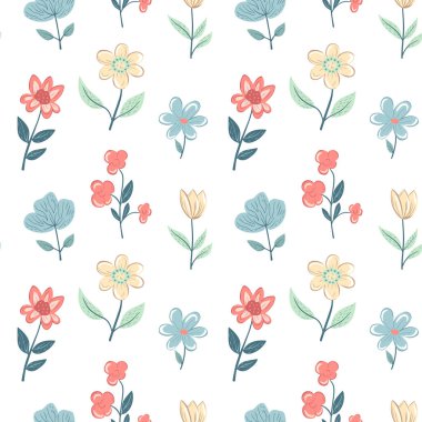Halk çiçekleri ile kusursuz bir desen. Bahar arka planı. Romantik çiçek desenli el çizimi. 