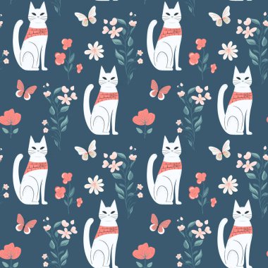 Kediler ve çiçeklerle kusursuz bir desen. Halk tarzında bahar arkaplanı. Bahar duvar kağıdı