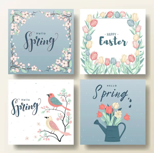 Set Frühlings Grußkarten Mit Vögeln Und Blumen Frühling Hintergrund Hallo — Stockvektor