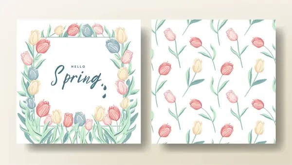 Ensemble Carte Ressort Hello Motif Sans Couture Avec Tulipes Modèle — Image vectorielle