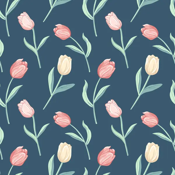 Vektornahtloses Muster Mit Tulpen Frühling Hintergrund Romantische Blumenmuster Von Hand — Stockvektor