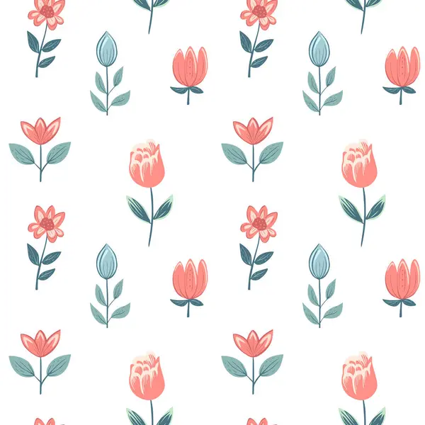 Vektornahtloses Muster Mit Tulpen Frühling Hintergrund Volksblumen Romantische Blumenmuster Von — Stockvektor