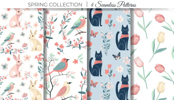 Set Spring Backgrounds Bunny Cat Birds Spring Seamless Pattern Easter — Stock Vector