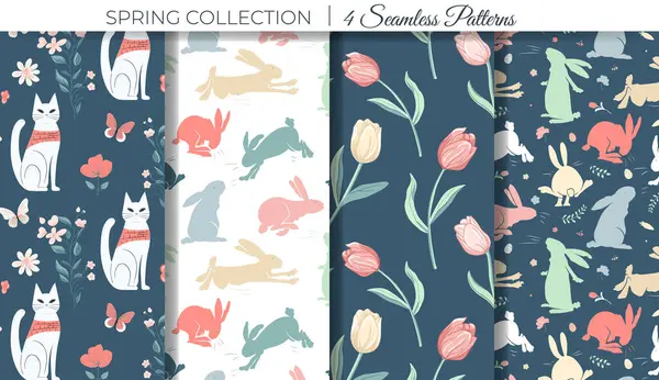 Spring Seamless Patterns Set Spring Background Bunny Tulips Cat Easter — Stock Vector