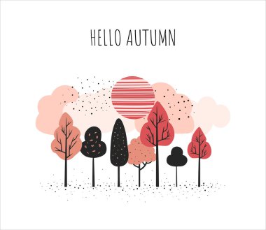 Peri ağaçları. İskandinav ağaçları kompozisyonu. İzole edilmiş sonbahar ağaçları. Çizgi film fantezi çerçevesi, kart.