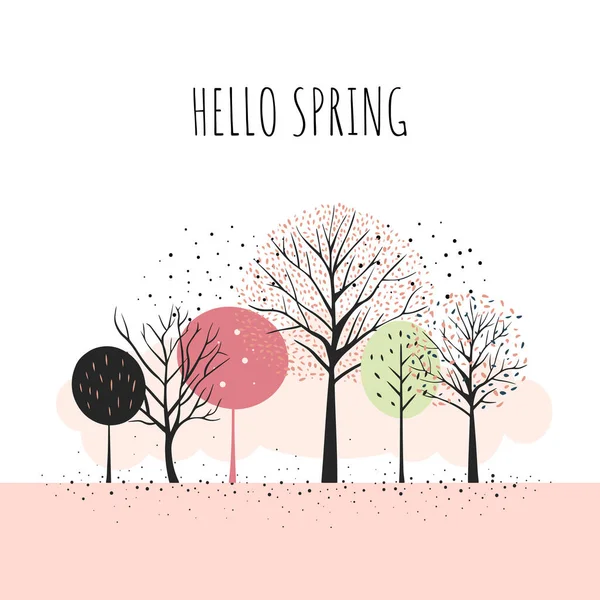 Feenbäume Zusammensetzung Der Skandinavischen Bäume Frühlingsbäume Cartoon Fantasierahmen Hallo Spring — Stockvektor