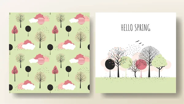 Set Spring Cards Fairy Trees Seamless Pattern Cartoon Fantasy Trees — Stock Vector