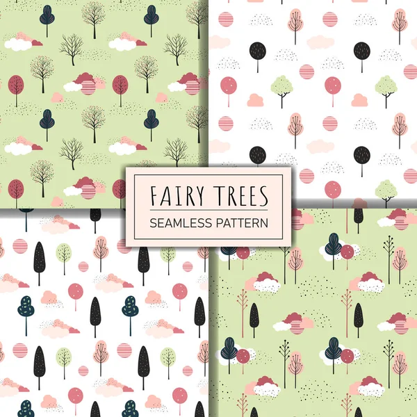 Set Cute Fantasy Seamless Patterns Spring Trees Vector Pattern Childish — Stock Vector