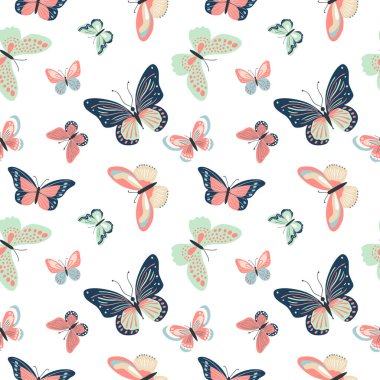 Şirin kelebekli kusursuz bir desen. Bahar ve yaz döngüsü. Vektör kelebeklerin arka planı.