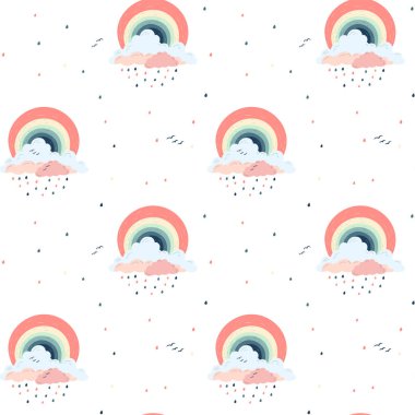 Fantezi gökkuşaklarıyla kusursuz çocuksu bir düzen. Kumaş, ambalaj, tekstil, duvar kağıdı için yaratıcı çocuk dokusu. 