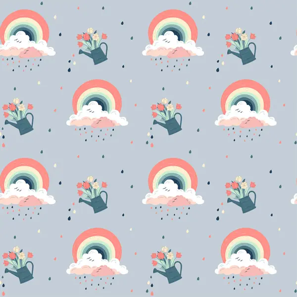 Seamless Pattern Fantasy Rainbows Watering Can Creative Spring Background Wallpaper — Stock Vector