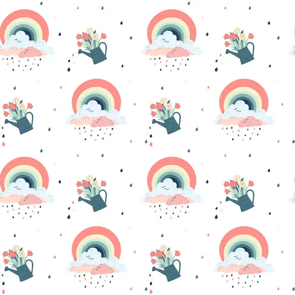 Seamless Pattern Fantasy Rainbows Watering Can Creative Spring Background Wallpaper — Stock Vector