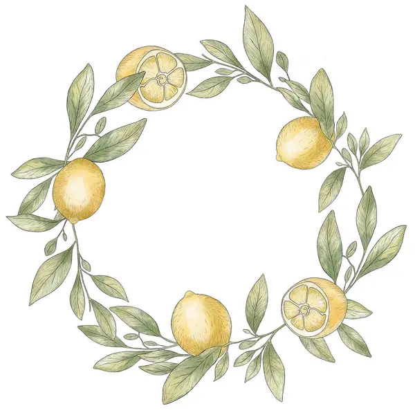 Watercolor Wreath Lemon Branches Lemon Frame Black Stroke Lemon Sketch — Stock Photo, Image