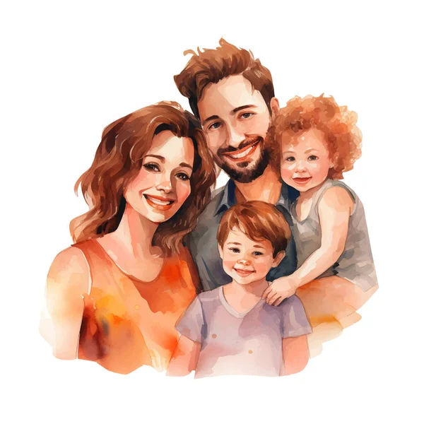 Rodina Akvarelů Rodiče Děti Vektorová Ilustrace Krásnou Ženou Mužem Dvěma — Stockový vektor