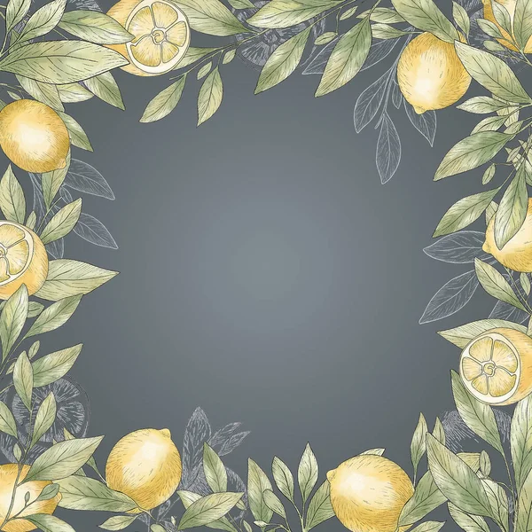 Watercolor frame of lemon branches. Lemon square border. Black stroke, lemon sketch