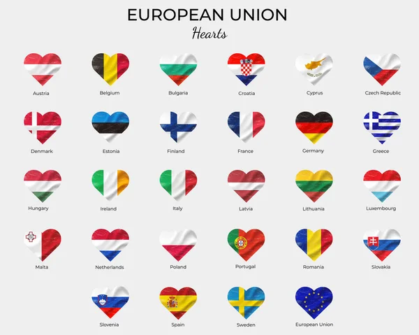 Euroopan Unionin Sydänliput Grunge Vintage Tekstuuri Napit Europa Liput Kuvakkeet — vektorikuva