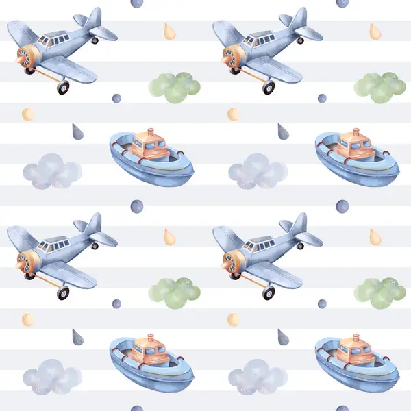 Seamless Pattern Airplane Boat Cute Childish Wallpaper Watercolor Toys Background — Stock Vector