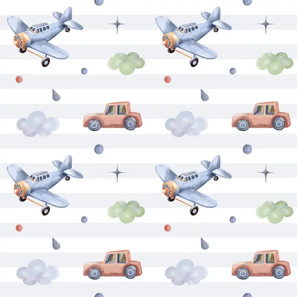 Бесшовный Рисунок Самолетом Машиной Милые Детские Обои Акварельные Игрушки Фон — стоковый вектор