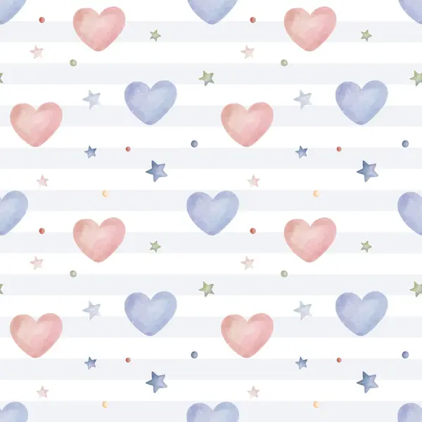 水彩のハートと星のシームレスなパターン かわいい子供っぽい壁紙 パステルカラーのベクトル背景 — ストックベクタ