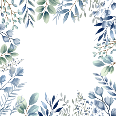 Düğün davetiyeleri, posterler ve kartlar için botanik suluboya çerçevesi. Suluboya bitkileri şablon, mavi pastel renkler