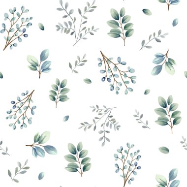 Çiçekli suluboya arka plan. Kusursuz desenli ve pastel yeşil yapraklı. El çizimi botanik duvar kağıdı