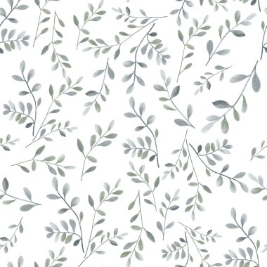 Çiçekli suluboya arka plan. Kusursuz desenli ve pastel yeşil yapraklı. El çizimi botanik duvar kağıdı