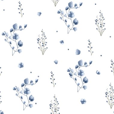 Kusursuz desenli, narin çiçekli ve mavi yapraklı. El yapımı botanik duvar kağıdı. Suluboya çiçek arkaplanı. 